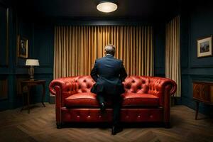 a man in a suit sits on a red couch in a room. AI-Generated photo