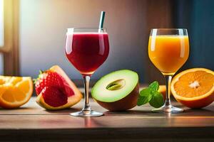 a glass of juice and fruit on a table. AI-Generated photo