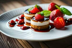 a plate with dessert and strawberries. AI-Generated photo