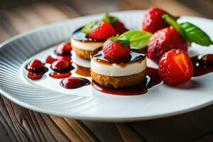 un plato con postre y fresas generado por ai foto