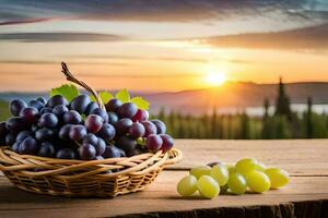 grapes in a basket on a wooden table with a sunset in the background. AI-Generated photo