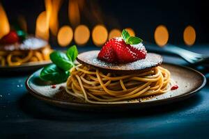 spaghetti with strawberry and basil on a plate. AI-Generated photo