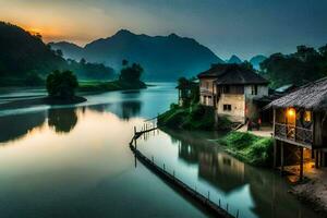 a river in the mountains with a hut and a bridge. AI-Generated photo