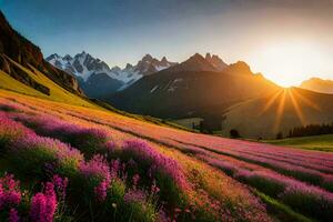 the sun rises over a field of lavender flowers in the mountains. AI-Generated photo