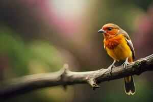 a small orange and red bird is sitting on a branch. AI-Generated photo