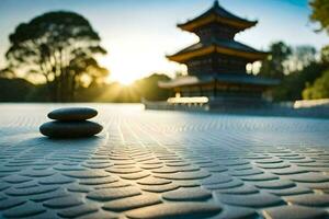 a stone is sitting on a concrete floor in front of a pagoda. AI-Generated photo
