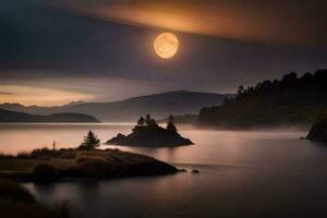 un lleno Luna sube terminado un lago con un brumoso cielo. generado por ai foto