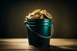 a bucket filled with coins on a wooden table. AI-Generated photo