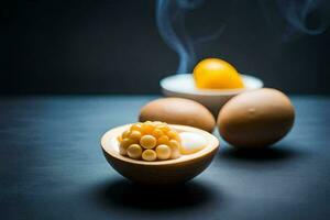 a bowl of eggs with a yellow egg in the middle. AI-Generated photo