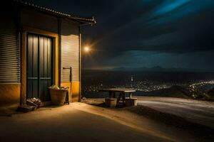 un pequeño casa con un mesa y un puerta en el lado de el la carretera. generado por ai foto