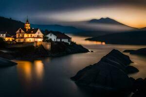 un casa se sienta en el borde de un lago a oscuridad. generado por ai foto