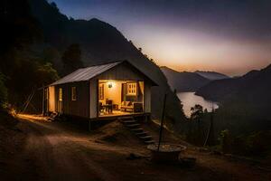 un cabina en el montañas a oscuridad. generado por ai foto