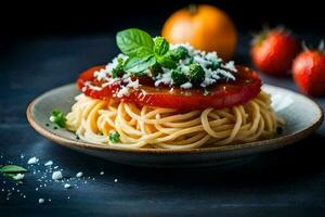 spaghetti with tomatoes and basil on a plate. AI-Generated photo