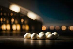 five eggs on a table in front of a building. AI-Generated photo