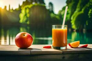 a glass of juice with an apple on a table next to a lake. AI-Generated photo