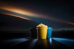 three cups of popcorn on a table with a dark background. AI-Generated photo