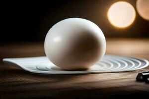 un blanco huevo en un plato con un negro antecedentes. generado por ai foto