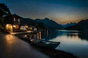 a boat sits on the shore of a lake at night. AI-Generated photo