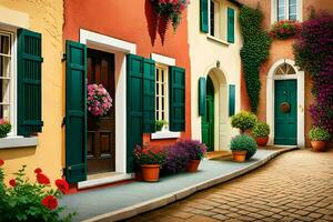 a colorful street with potted plants and flowers. AI-Generated photo