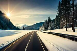 a snowy road in the mountains with trees and snow. AI-Generated photo