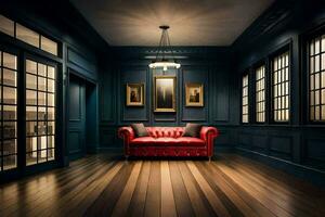 a dark room with a red couch and wooden floors. AI-Generated photo