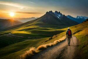 un hombre camina en un camino en el montañas. generado por ai foto