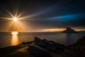 el Dom brilla brillantemente terminado el Oceano y rocas generado por ai foto