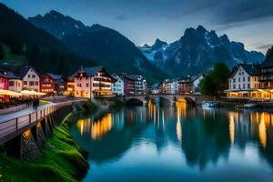 el pueblo de Altenburg en el Alpes a oscuridad. generado por ai foto