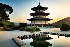 a pagoda sits in the middle of a garden. AI-Generated photo