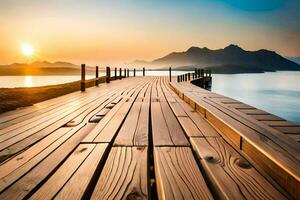 a wooden dock stretches out into the ocean at sunset. AI-Generated photo