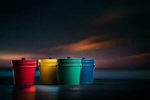 three colorful buckets sitting on a dark surface. AI-Generated photo