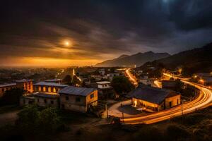 a town at dusk with a long exposure photo. AI-Generated photo