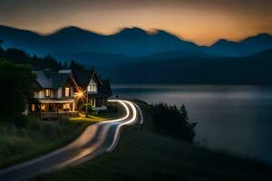 a long exposure photograph of a house on a road by a lake. AI-Generated photo