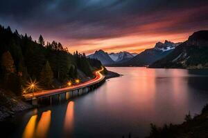 a bridge over a lake at sunset with mountains in the background. AI-Generated photo