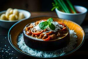 a bowl of food with rice and vegetables on a wooden table. AI-Generated photo