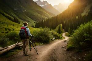 a man with a backpack standing on a dirt road in the mountains. AI-Generated photo