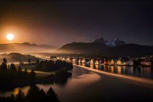 the moon rises over a river and town at night. AI-Generated photo