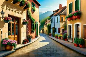 a painting of a street with flowers and buildings. AI-Generated photo