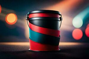 a red and black bucket with a red stripe. AI-Generated photo