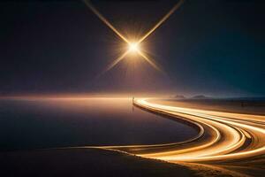 un largo exposición fotografía de un la carretera a noche. generado por ai foto