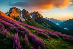 the sun sets over the mountains and purple flowers. AI-Generated photo