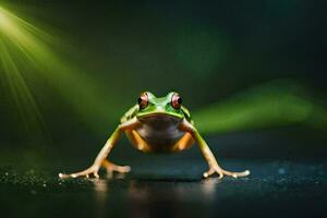 a frog is standing on a dark background. AI-Generated photo