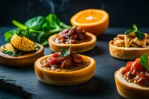 a selection of small pies with different toppings. AI-Generated photo