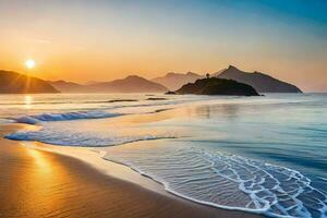 el Dom sube terminado el Oceano y montañas en esta foto. generado por ai foto