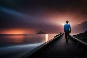 un hombre camina a lo largo un muelle a puesta de sol. generado por ai foto