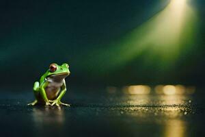 a frog sitting on the ground in front of a bright light. AI-Generated photo