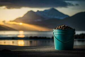 a bucket of nuts on the beach with mountains in the background. AI-Generated photo