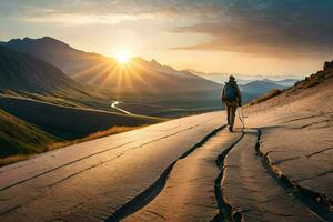 a man walking on a path in the mountains. AI-Generated photo