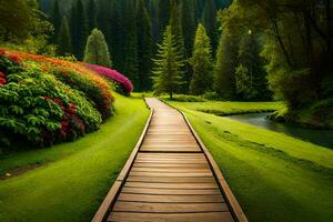a wooden path leads to a green field and flowers. AI-Generated photo