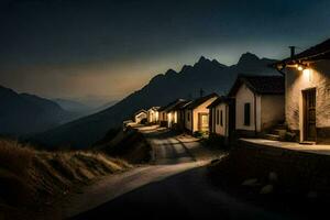 un la carretera líder a un pueblo a noche. generado por ai foto